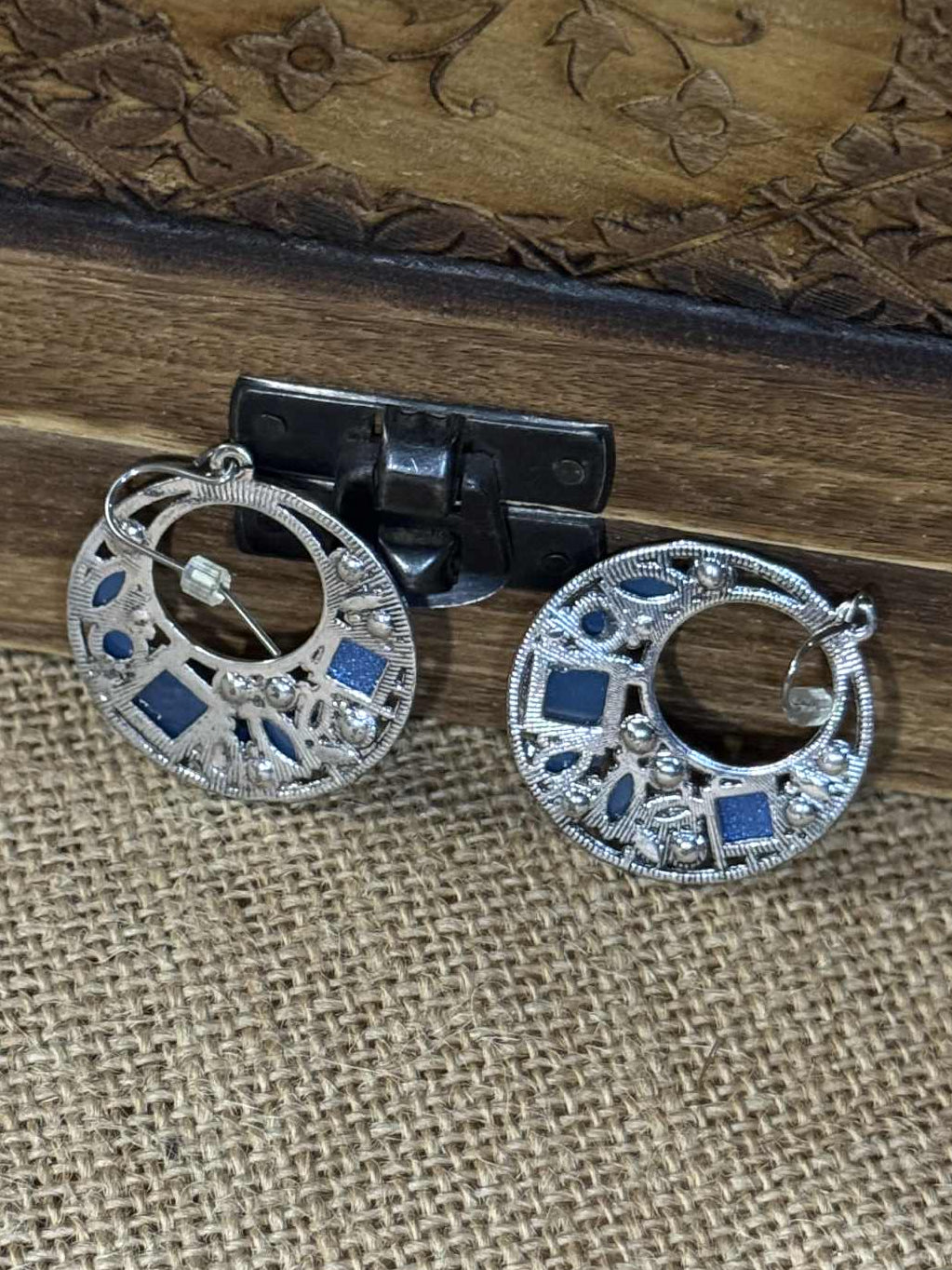 Vintage Silver-Tone Blue Rhinestone Open-Work Earrings
