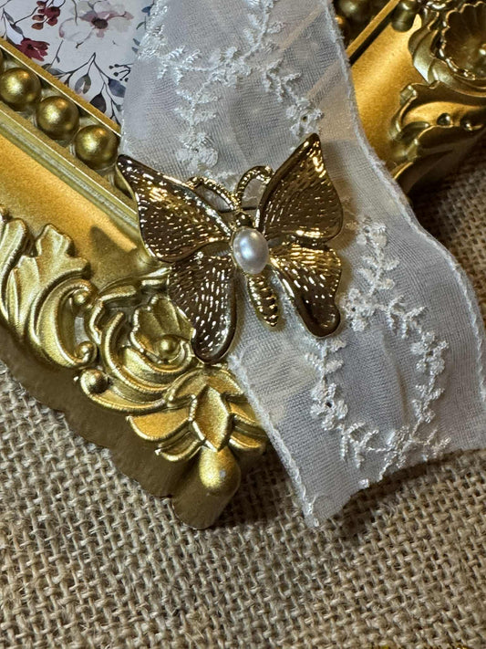Vintage Butterfly Brooch – Gold Tone with Faux Pearl | Signed “SFJ” (1.5”) - Rare Find!