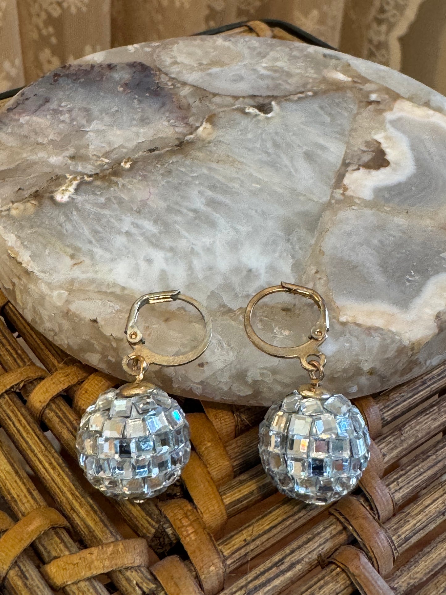Disco Ball Drop Earrings – Retro 70s Glam Sparkle