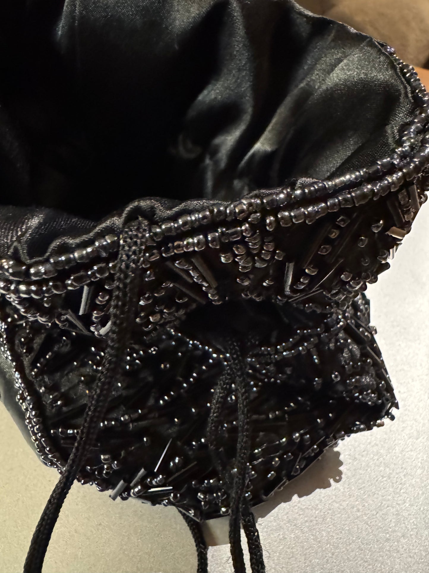 Vintage Black Beaded Drawstring Evening Bag