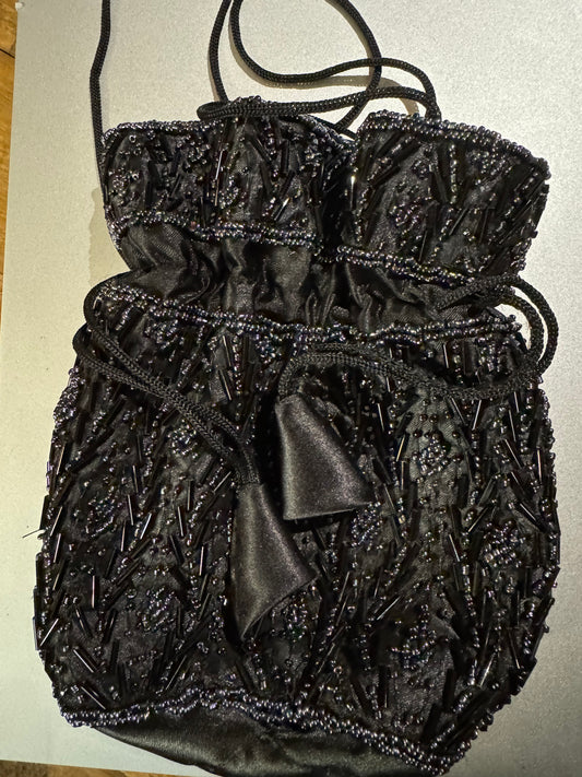 Vintage Black Beaded Drawstring Evening Bag