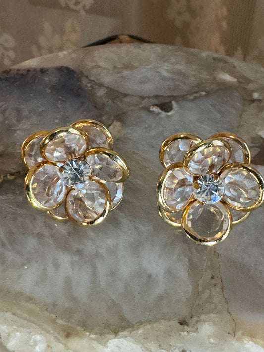 Vintage Gold Tone and Crystal Flower Earrings