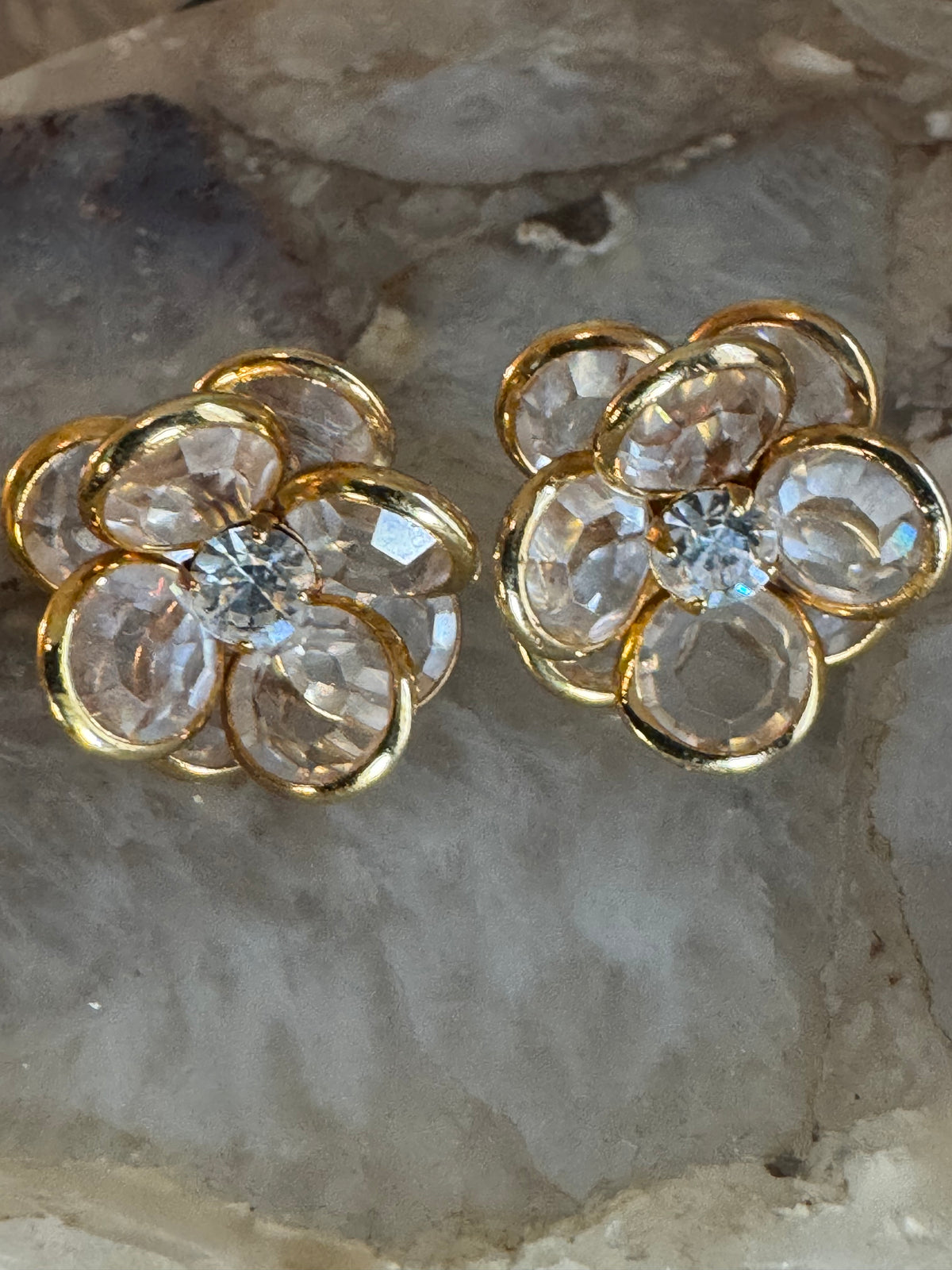 Vintage Gold Tone and Crystal Flower Earrings