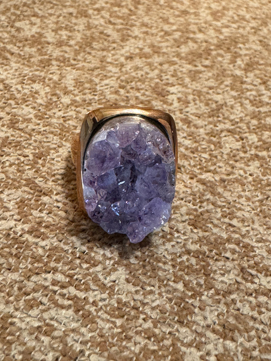 Signed Raw Druzy Amethyst Statement Ring – 925 Sterling Silver, Gold-Plated Boho Chic - Size 7