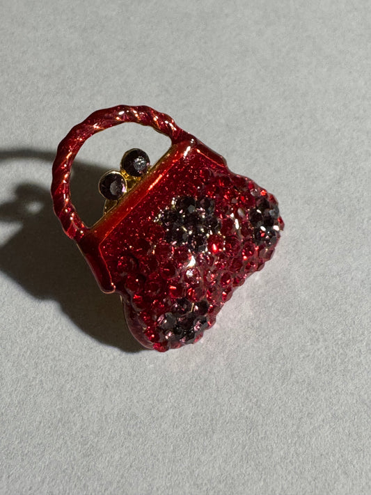Vintage Gold Tone Handbag Brooch with Red and Black Crystals