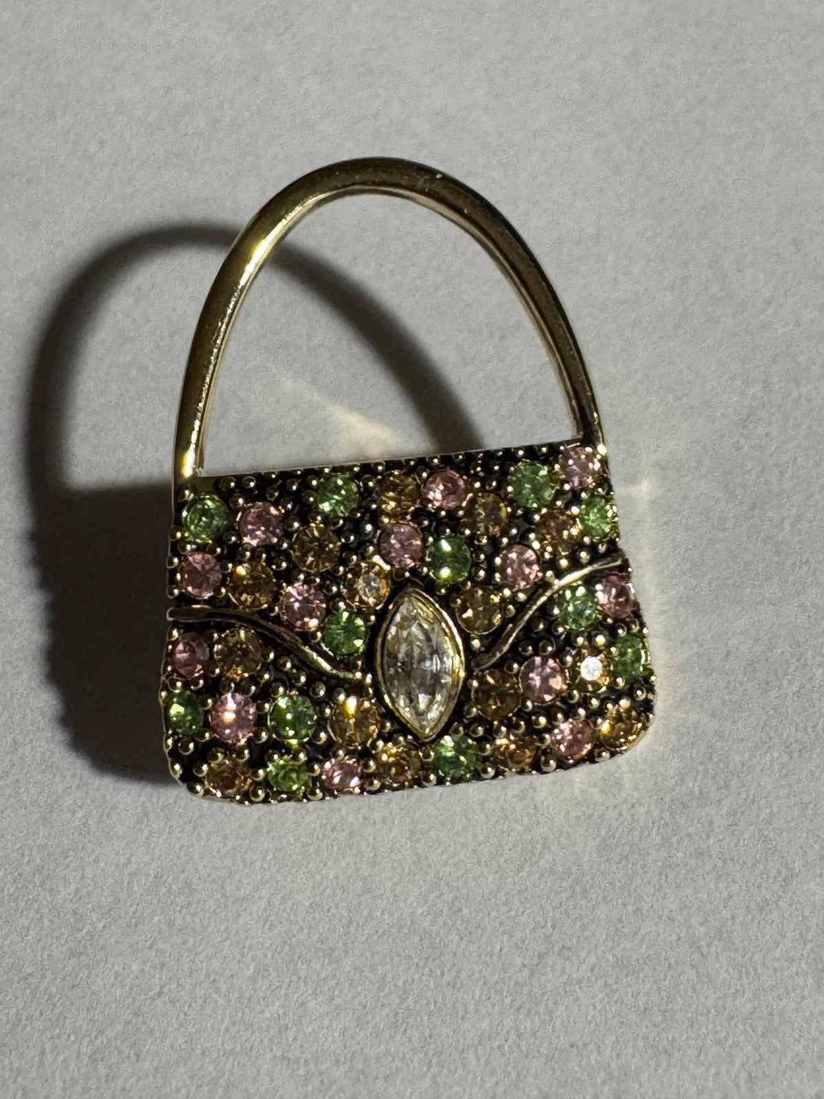 Vintage Gold Tone Handbag Brooch with Green and Pink Crystals