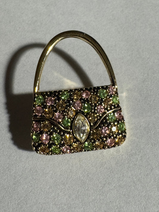 Vintage Gold Tone Handbag Brooch with Green and Pink Crystals