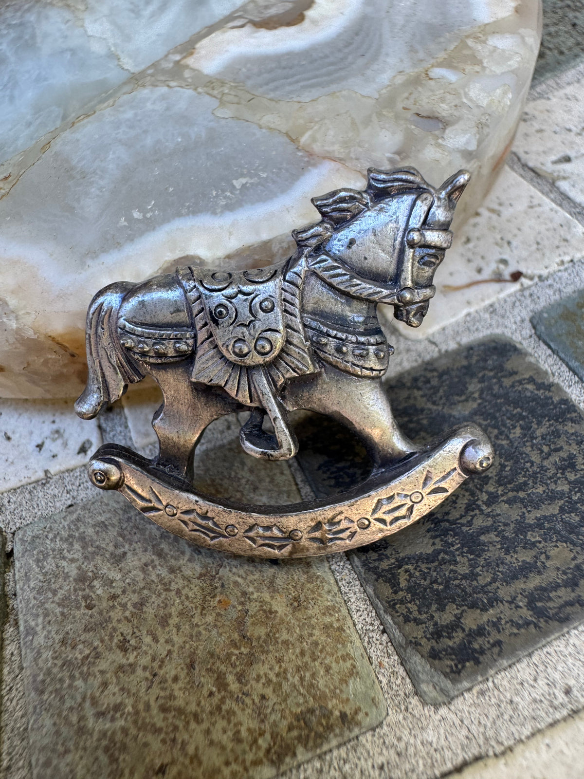Vintage Silver-Tone Christmas Rocking Horse Brooch