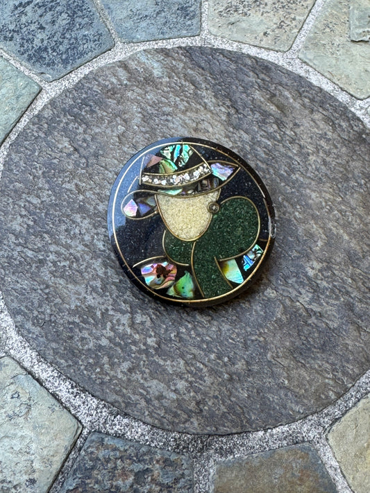 Vintage Lee Sands Mosaic Abalone & Crushed Stone Lady in Hat Brooch