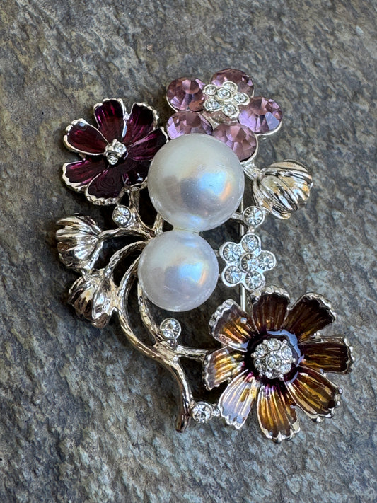 Enchanted Garden Enamel & Faux Pearl Floral Statement Brooch