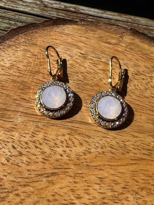Vintage Rose Blush & Aurora Borealis Crystal Halo Leverback Earrings — Romantic Dangle Statement Drop