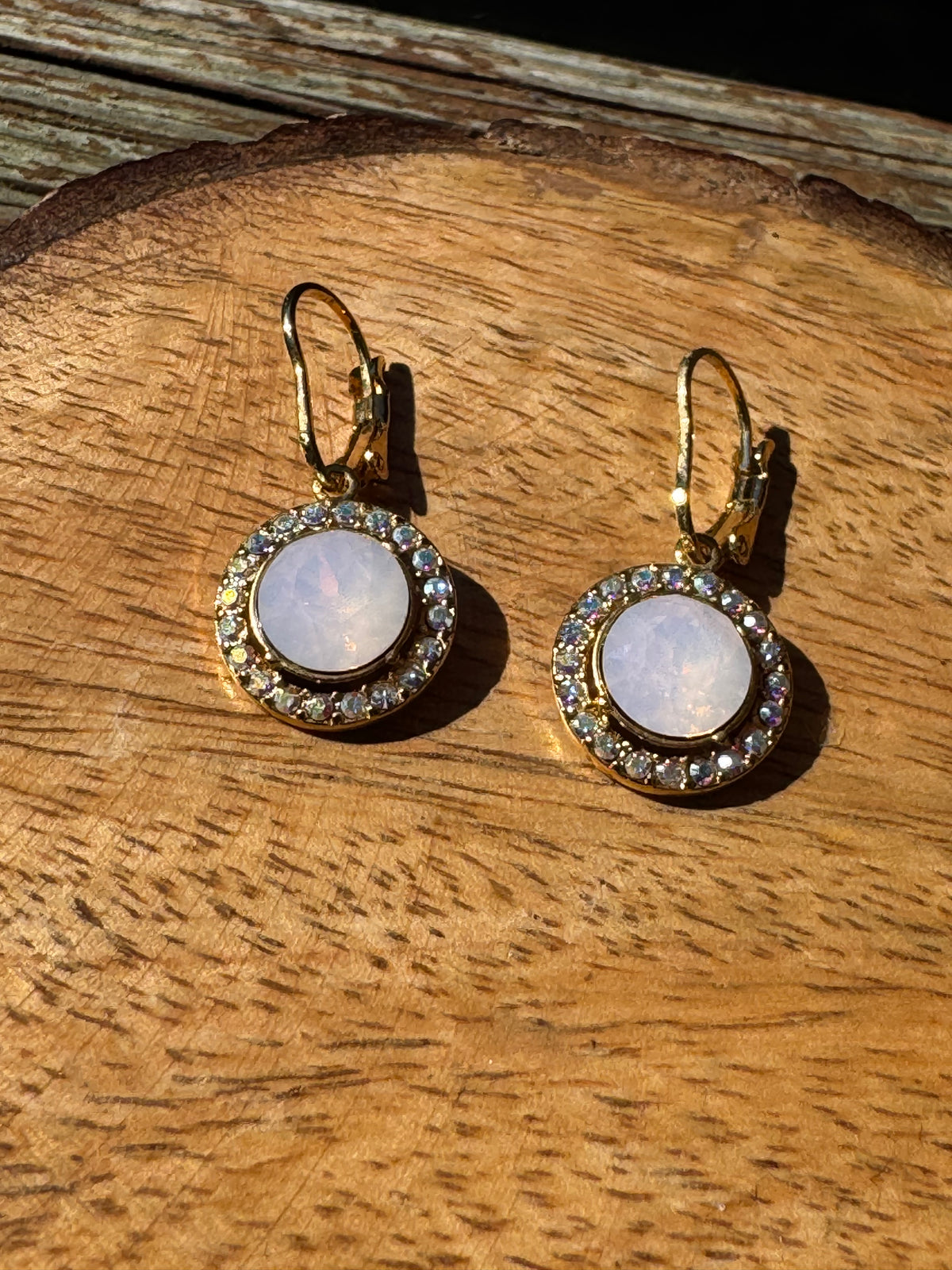 Vintage Rose Blush & Aurora Borealis Crystal Halo Leverback Earrings — Romantic Dangle Statement Drop