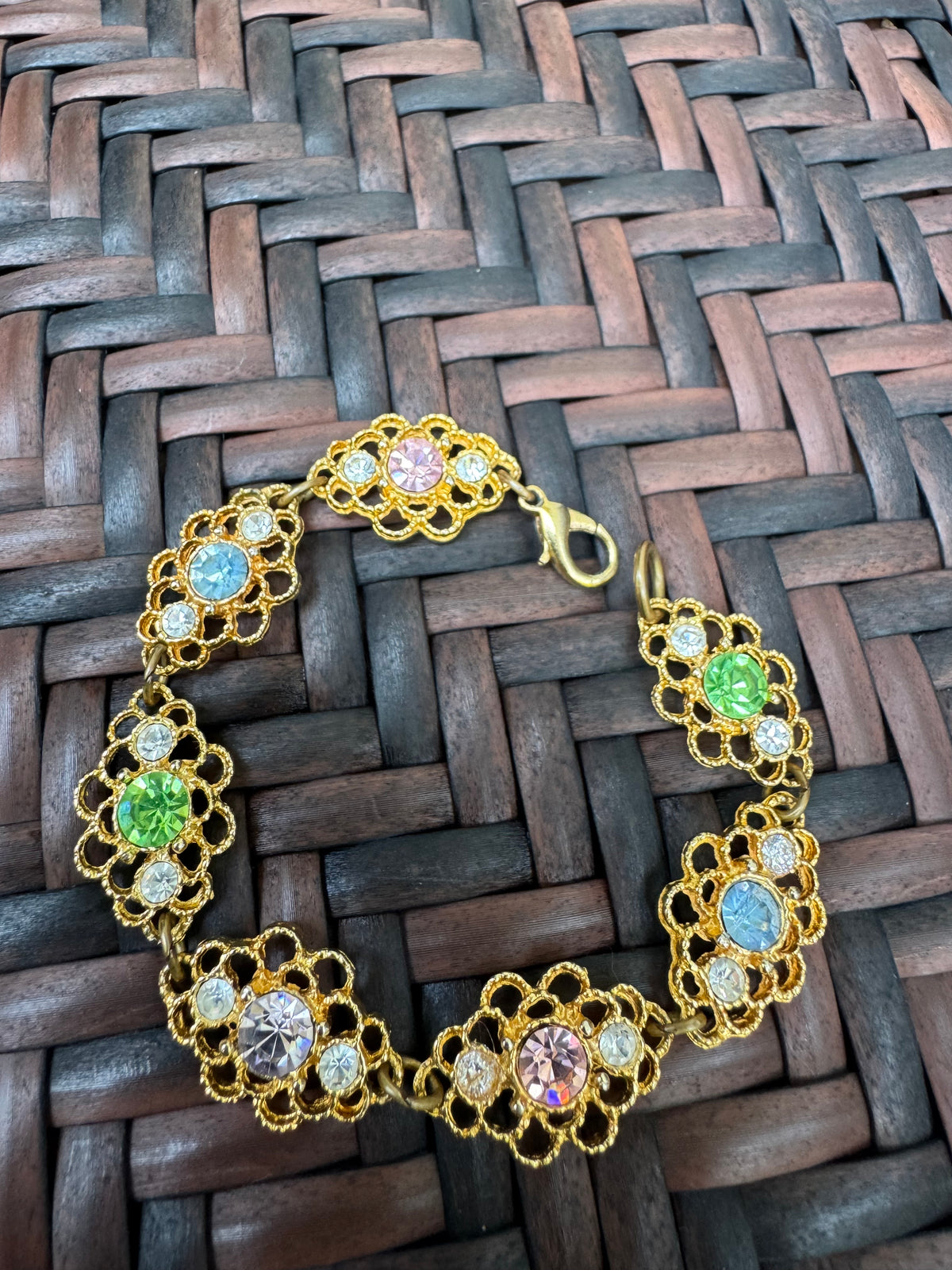 Vintage-Inspired Gold Tone Bracelet with Multi-Colored Rhinestones.