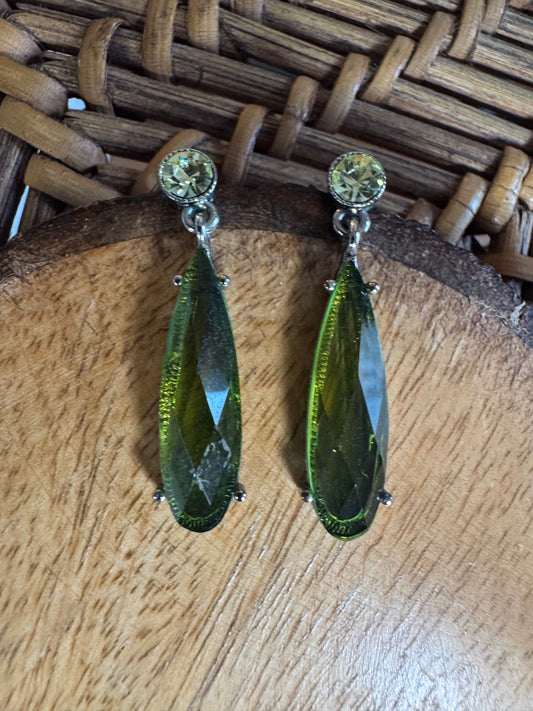 Long Green Gemstone Dangle Post Earrings