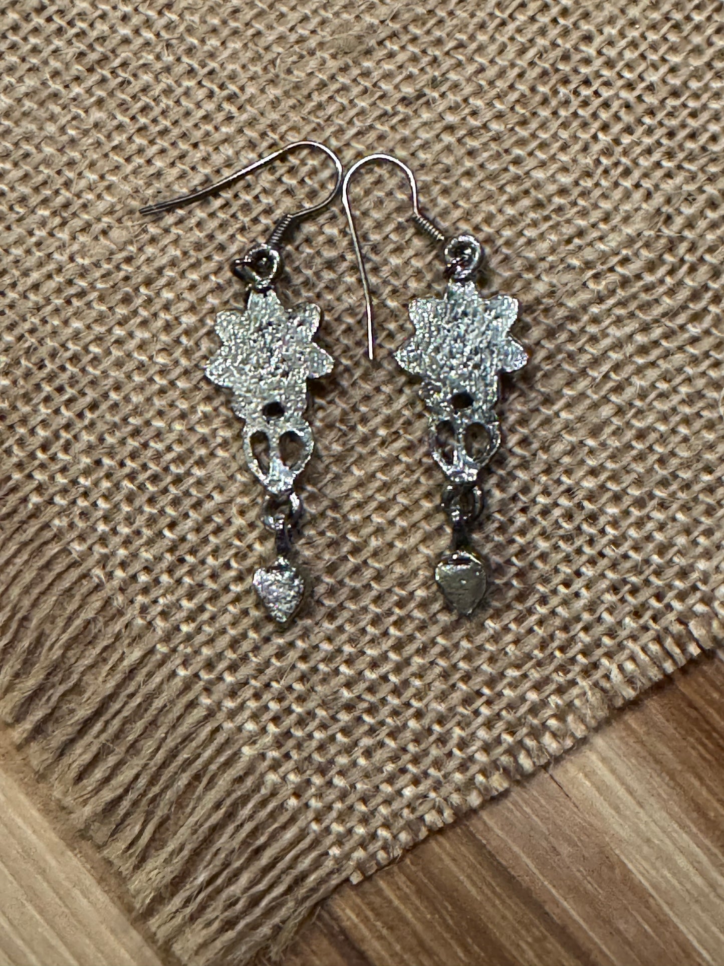 Vintage Blue Crystal Heart Filigree Dangle Earrings