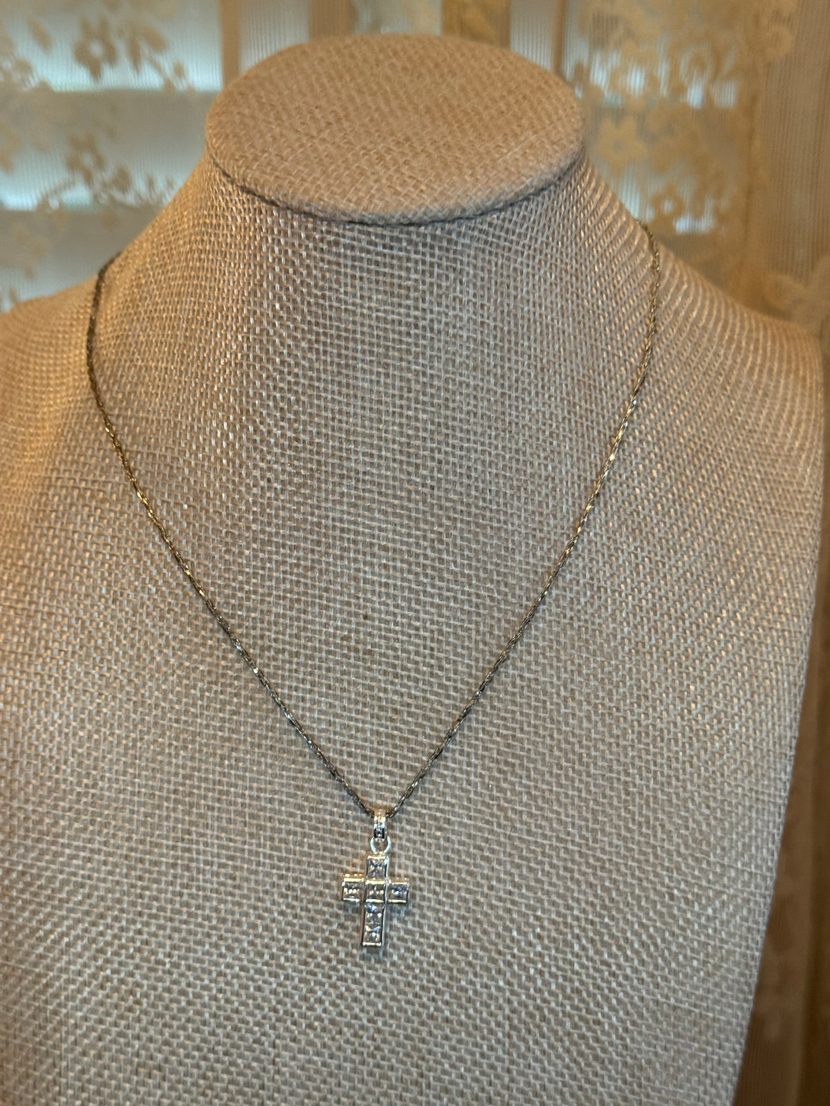Silver Tone Cross with Rhinestones Pendant Necklace