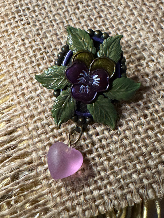 Vintage Purple Floral Brooch with Dangling Heart Charm - Rare Find!
