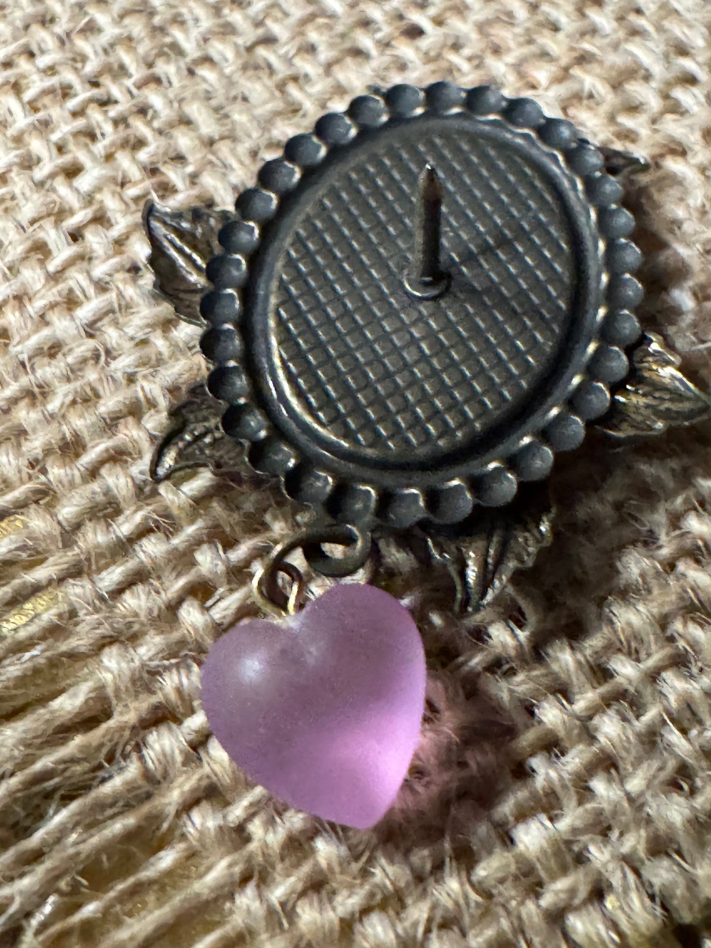 Vintage Purple Floral Brooch with Dangling Heart Charm - Rare Find!