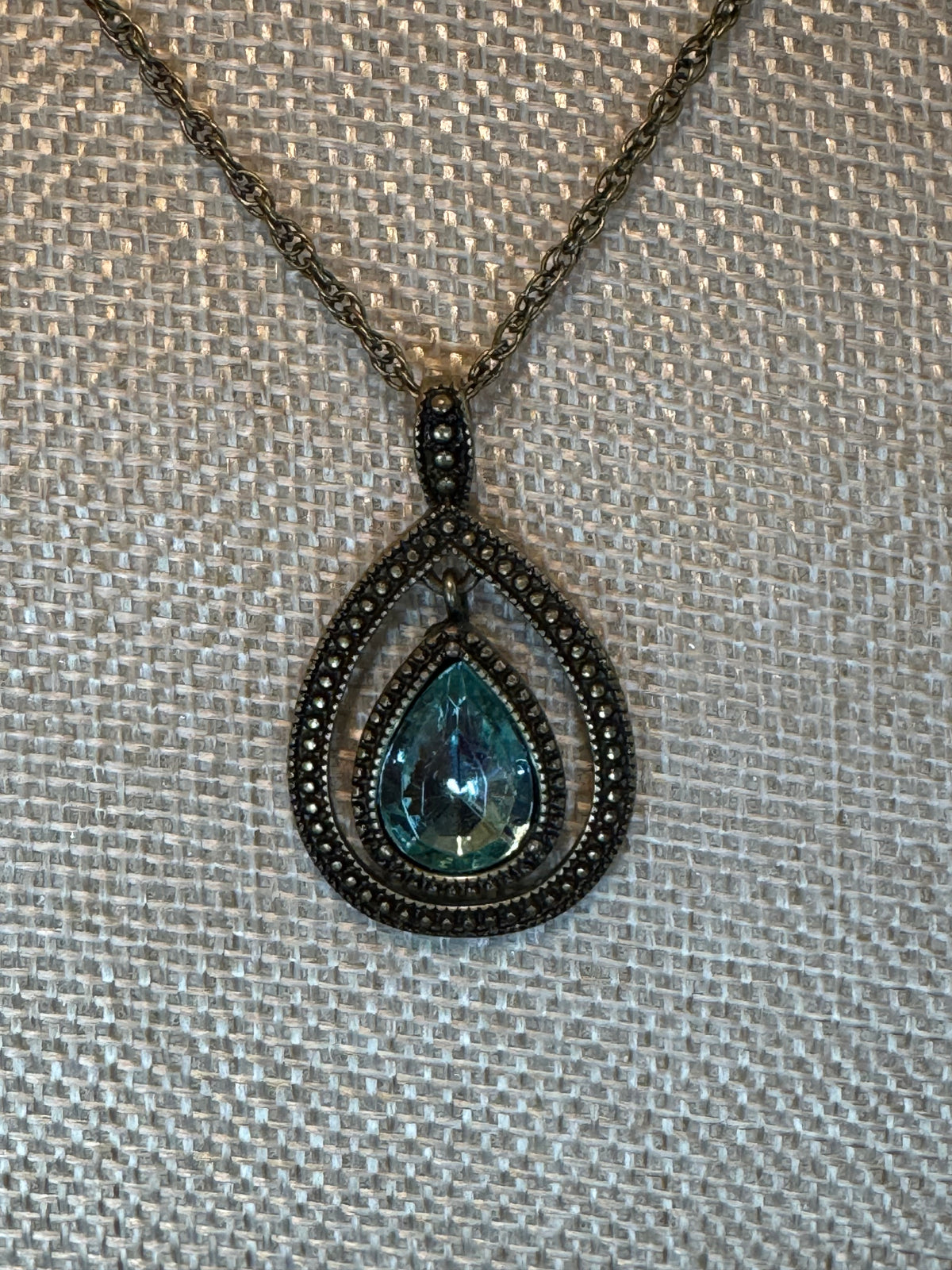 Vintage Style Pendant Necklace with Antique Gold Tone and Blue Crystal