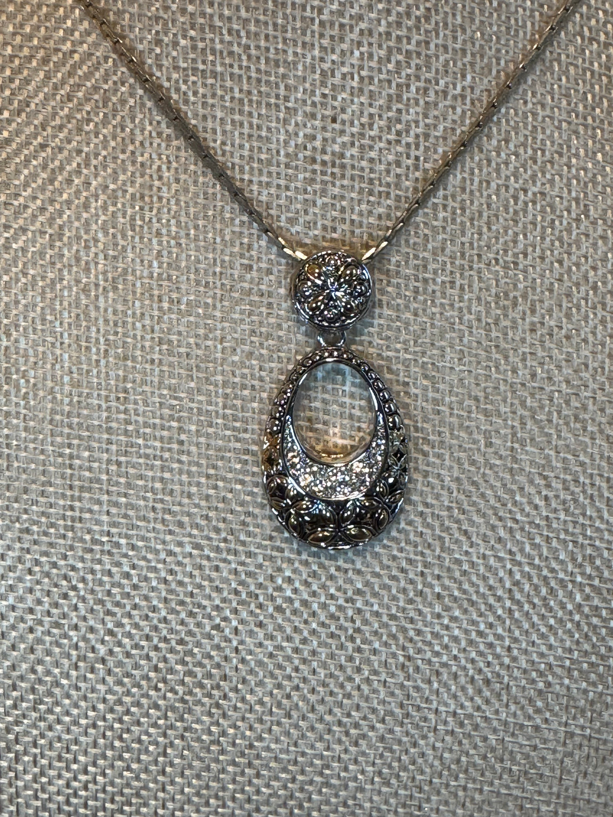 Vintage-Inspired Silver & Gold Tone Pendant Necklace with Pave Crystal Accents