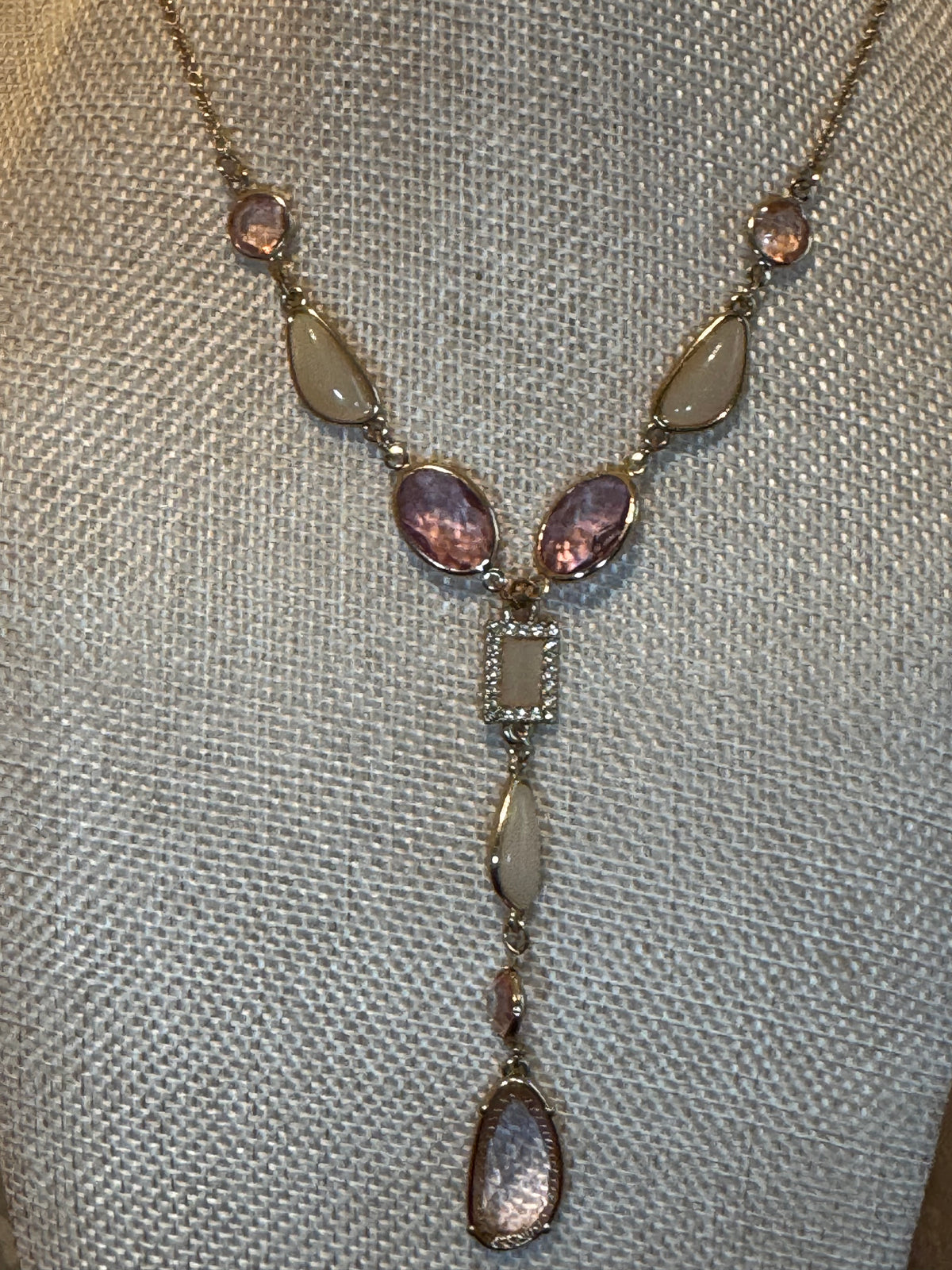 Gold Tone Necklace with Bezel Set Pink Faceted Crystals