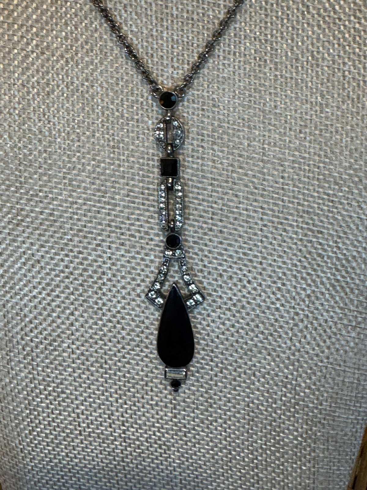 Silver Tone Black Faux Onxy and Crystal Necklace