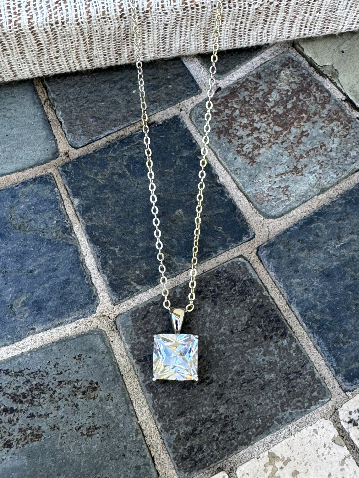 Silver Tone Square Clear Crystal Pendant Necklace