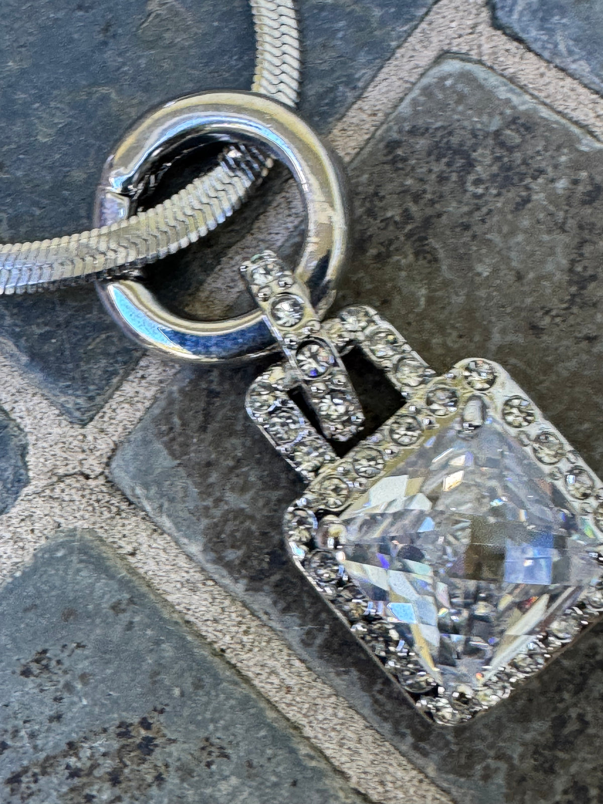 Silver Tone Pendant Necklace with Square Clear Crystal & Pave Crystal Accents