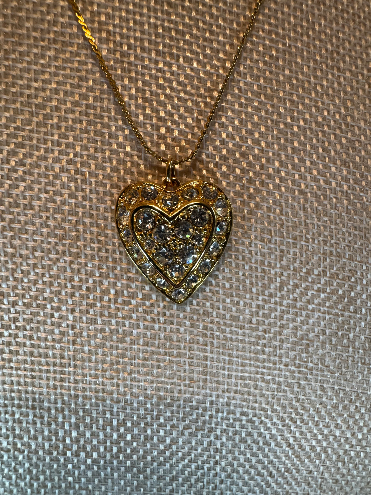 Gold Tone Heart Pendant Necklace with Pave Crystals