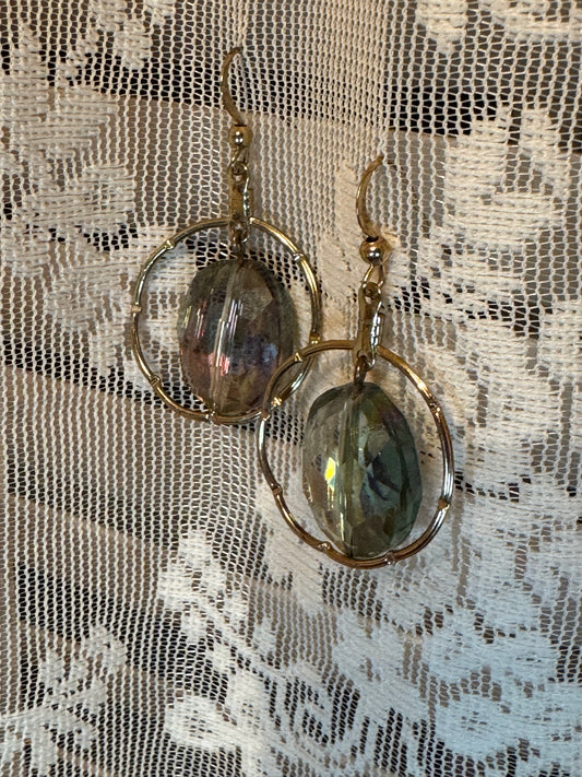 Faceted, iridescent Greenish-grey stone earrings in gold tone circular frames