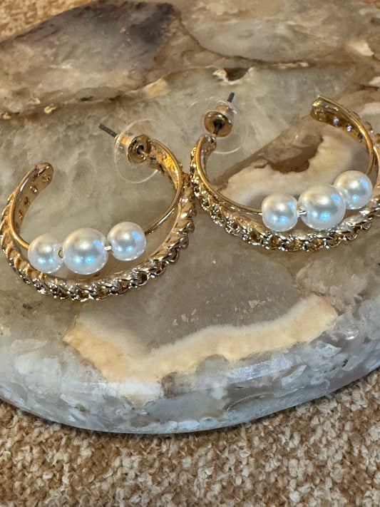 Gold Tone Hoop with Pearls Earrings