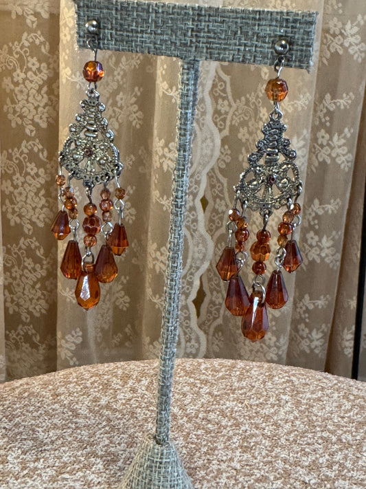 Vintage Gold Tone Chandelier Amber Stone Earrings