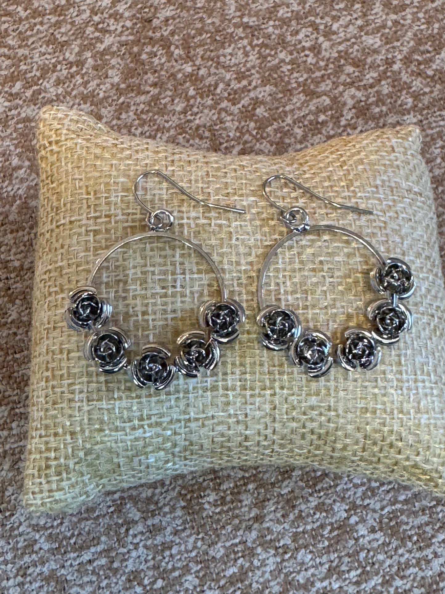 Silver Tone Rose Bud Hoop Earrings