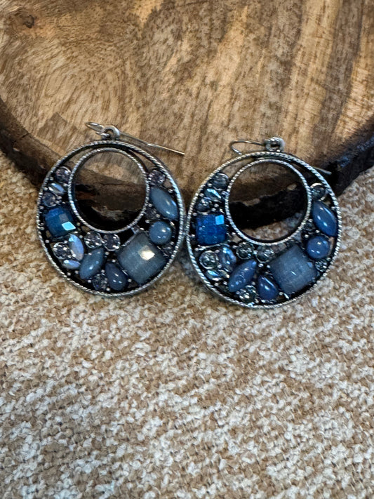 Blue Stone Crystal Dangle Hoop Earrings