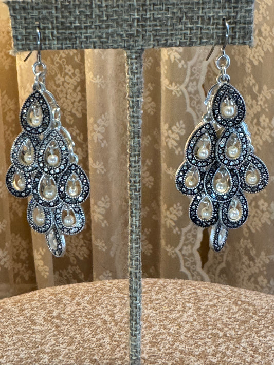 Silver Chandelier Faux Pearl Earrings