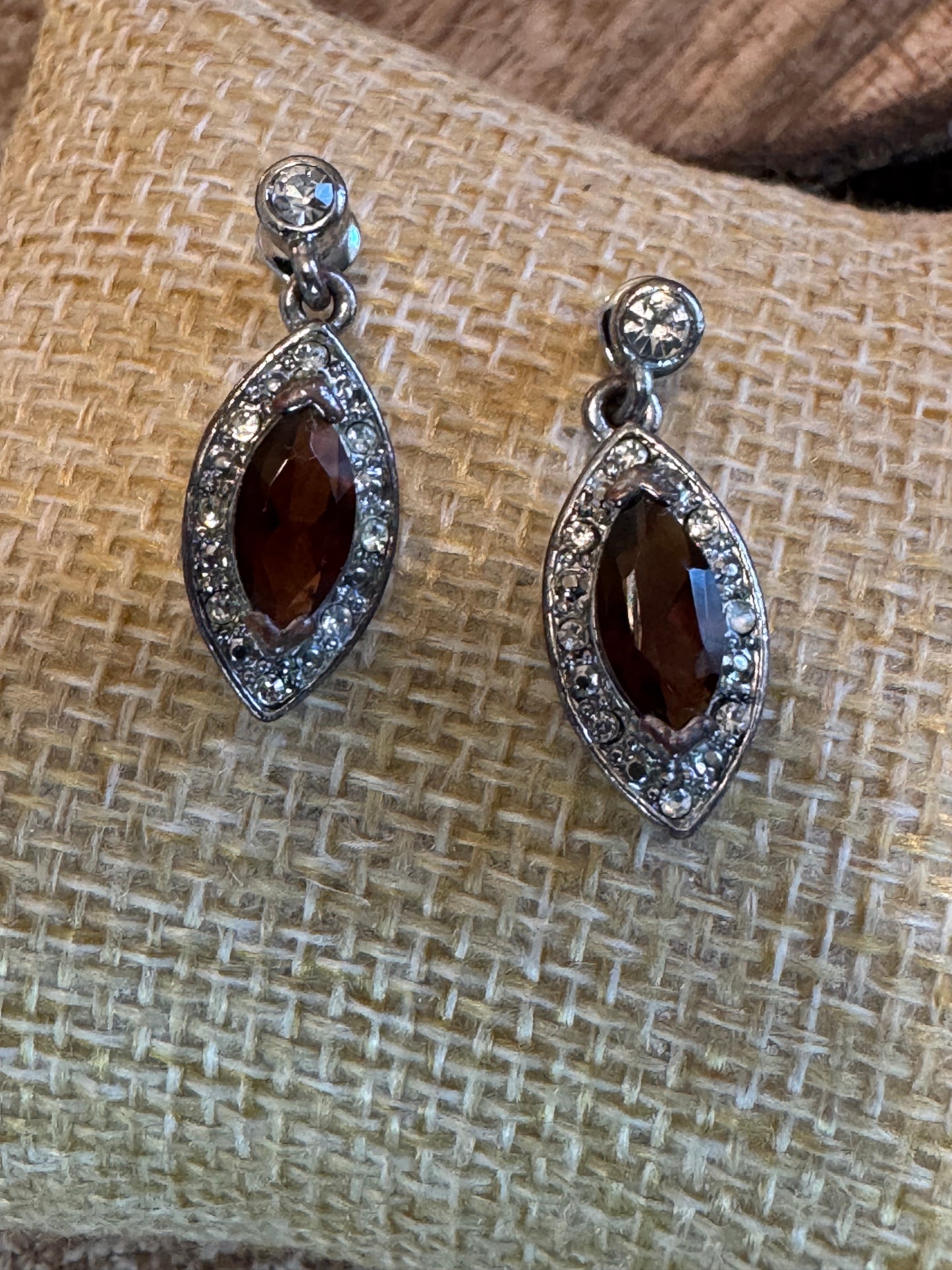 Vintage Marquise Shaped Amber Stone/Crystal Earrings