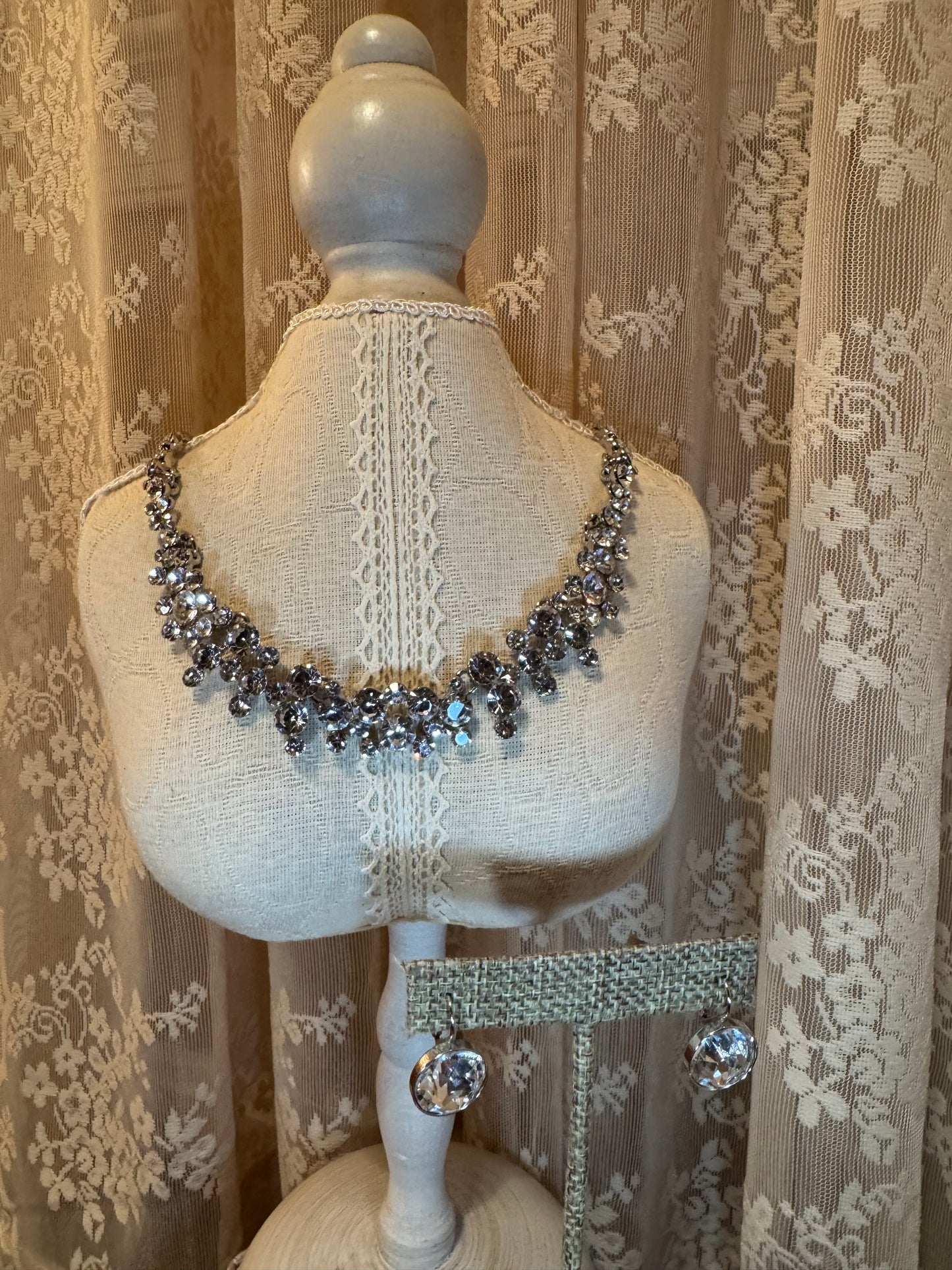 Crystal Statement Bib Necklace & Matching Earrings Set – Silver-Tone Bridal Cluster Design