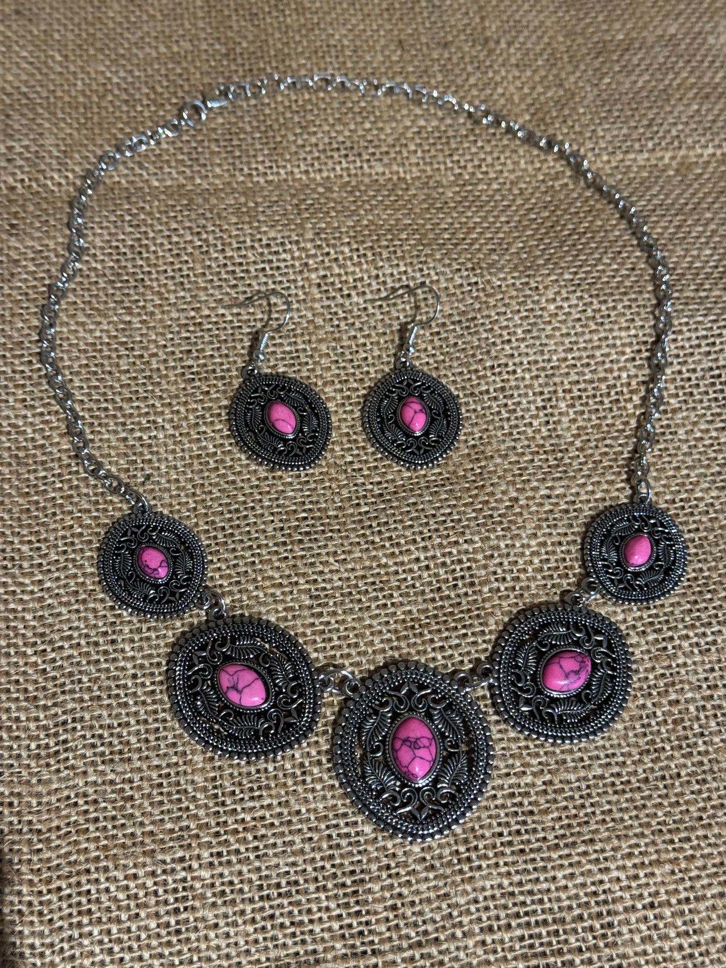 Boho Silver Necklace & Dangle Earring Set with Pink Stone Accents