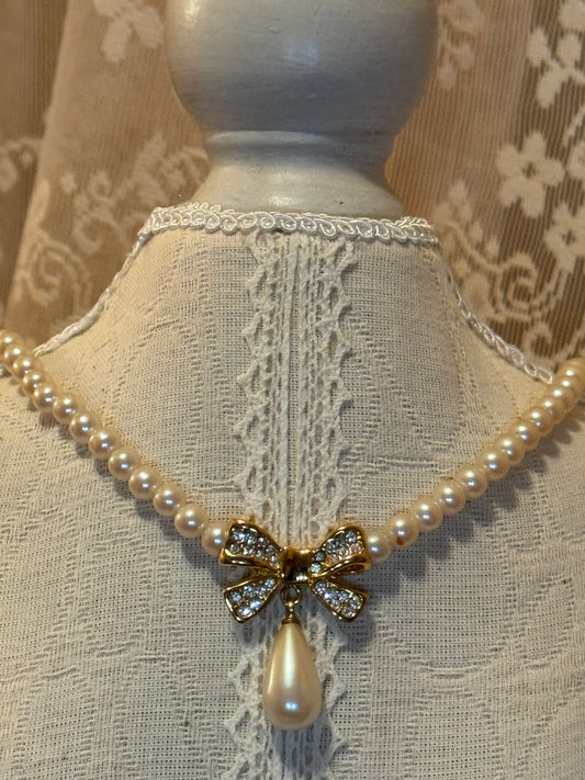 Vintage Faux Pearl and Rhinestone Bow Necklace