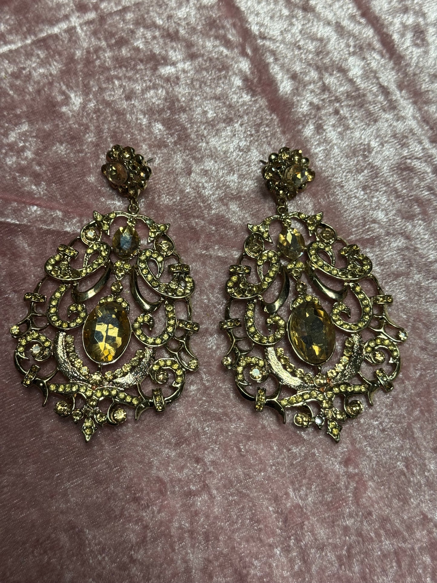 Gold tone vintage statement earrings with champagne rhinestone crystals