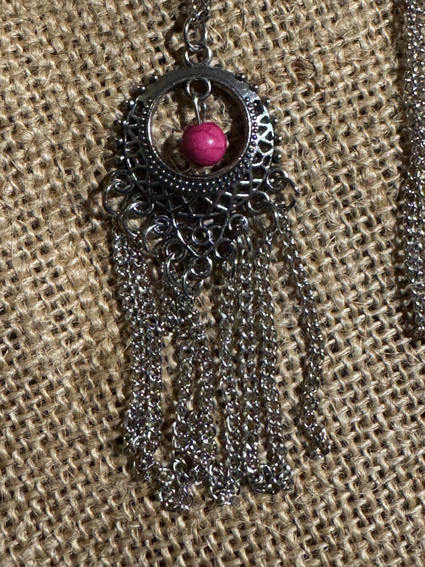 Silver-Tone Tassel Necklace and Earring Set with Pink Accent Stone