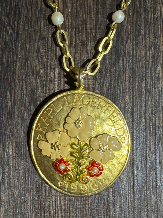 Vintage 1996 Karl Lagerfeld Enamel Floral Disc Pendant Necklace - A Rare and Coveted Collectors’ Treasure