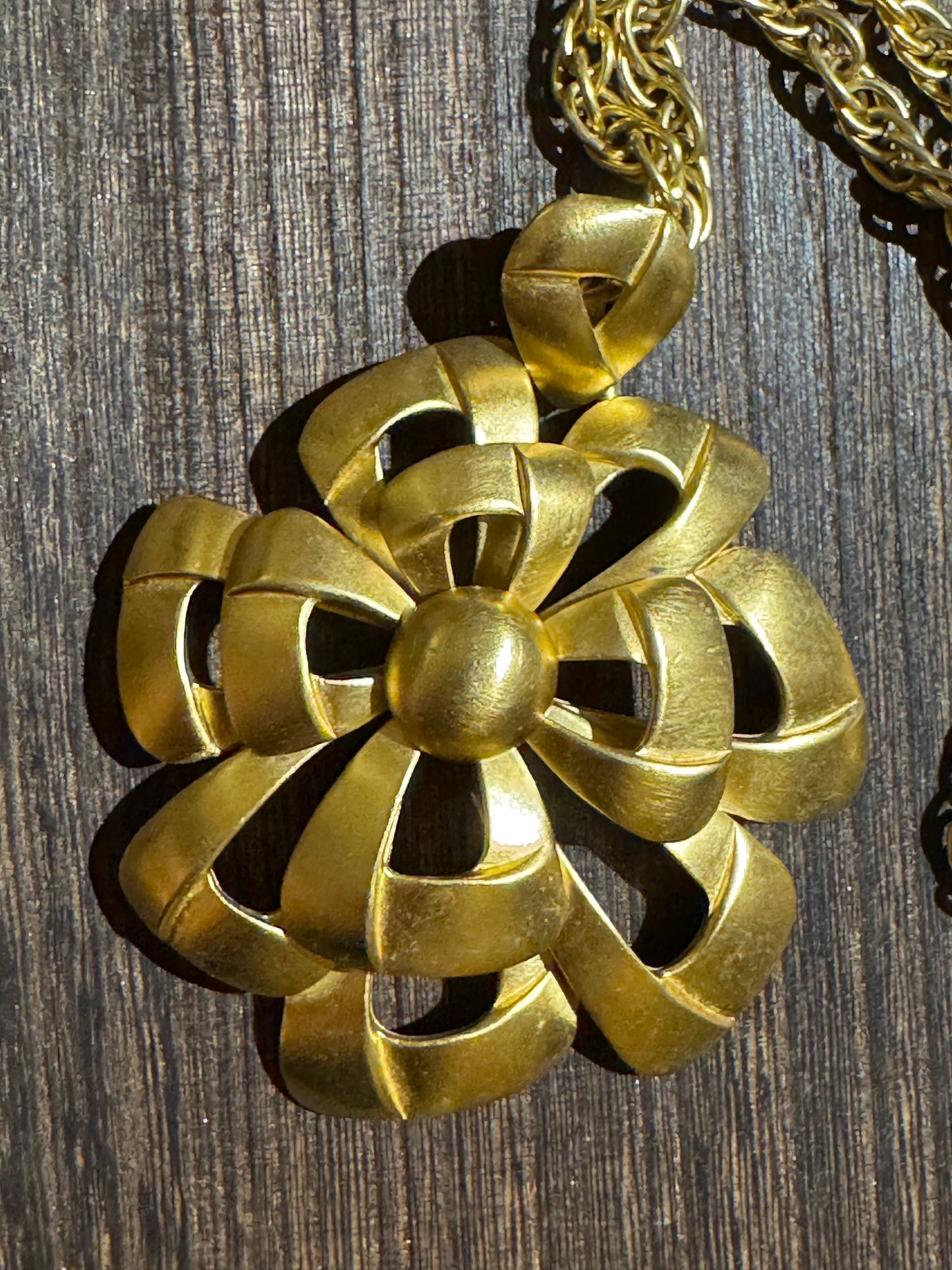 Vintage 1960s Signed Crown Trifari Satin-Gilt Mod Flower Pendant Necklace - Collector's Item