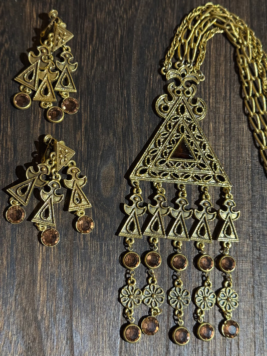Vintage Goldette Triangular Pendant Necklace and Earring Set - Collector's Item