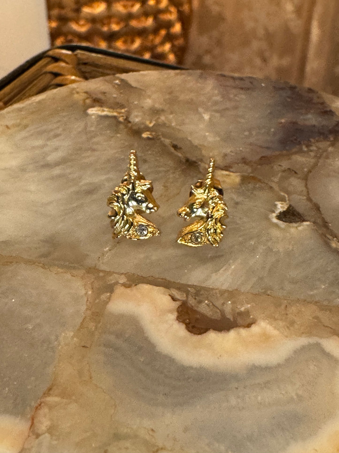 Gold Plated Unicorn Earrings with Clear Rhinestone Accents