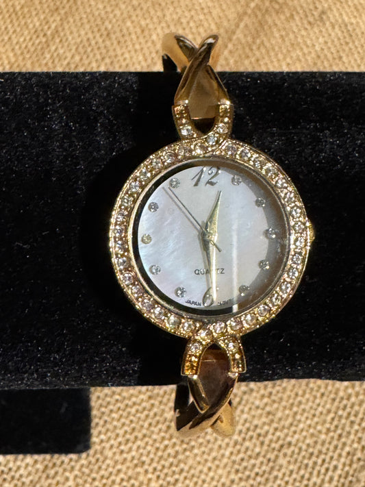 Vintage-Inspired Gold-Tone Crystal Bangle Watch — Mother-of-Pearl Dial