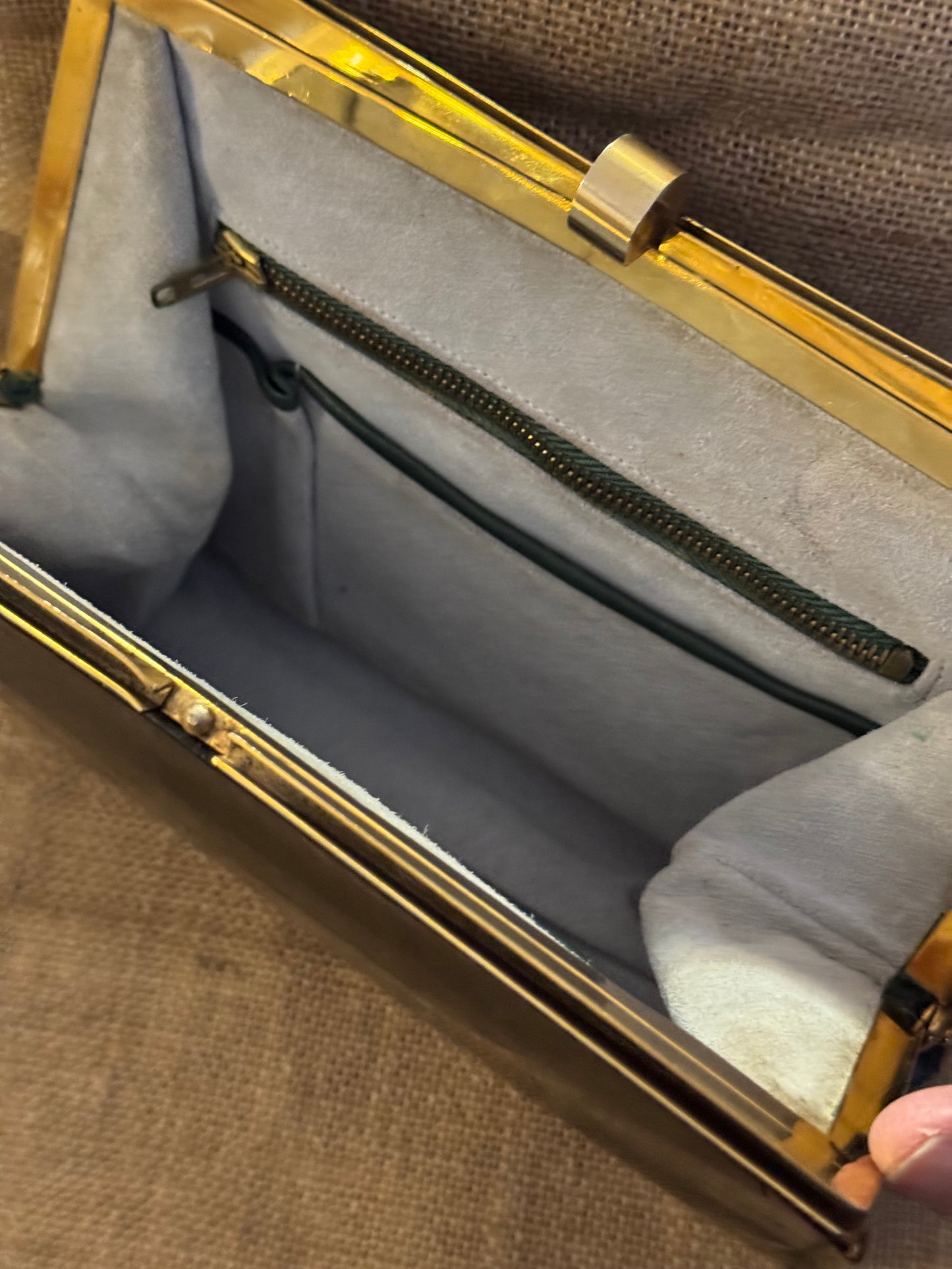 Vintage 1950s–1960s Green Crocodile/Alligator Skin Clutch — Gold-Tone Frame Evening Bag