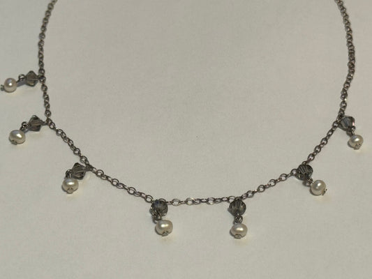 Sterling Silver Vintage Pearl and Smoky Quartz Dangle Necklace