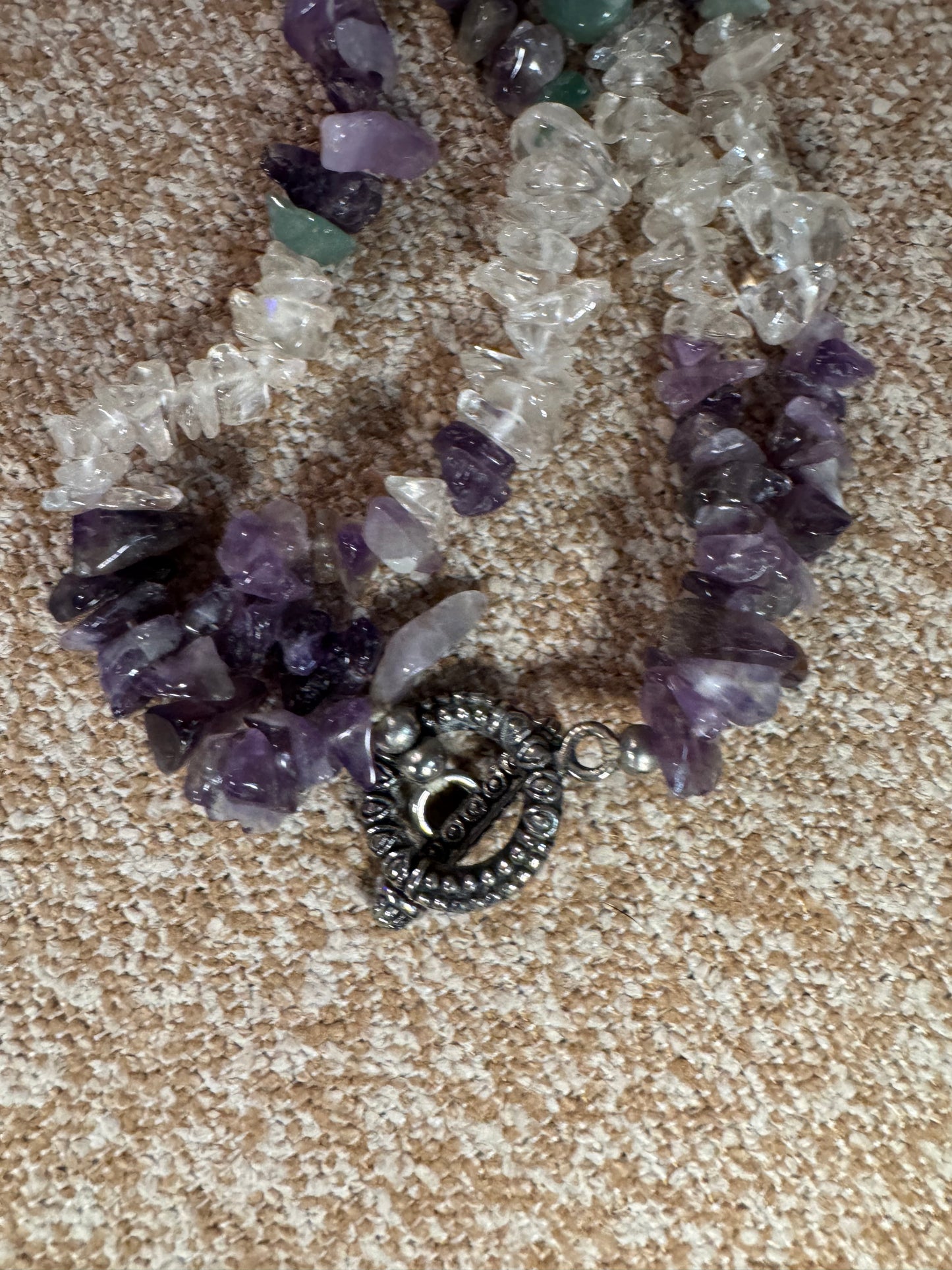 Vintage One-of-a-Kind Amethyst & Quartz Gemstone Necklace with Rose Quartz Pendant