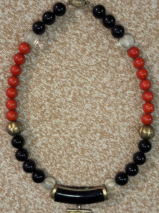 Vintage Chinese Longevity Pendant Necklace – Cinnabar and Onyx Beads